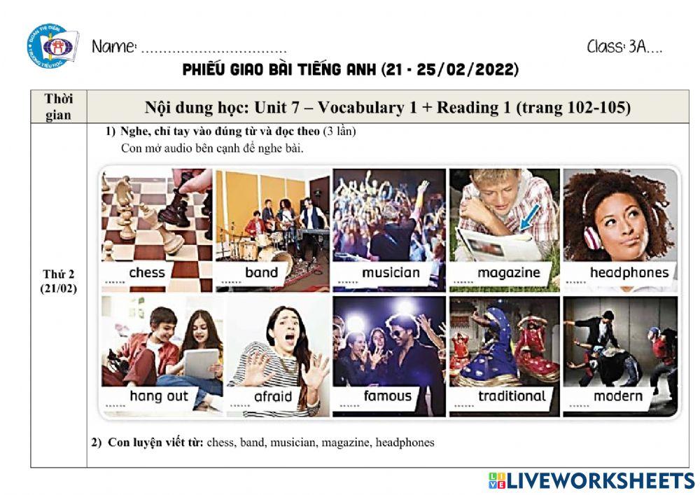 Phiếu giao bài Tiếng Anh tuần từ 21 đến 25.2