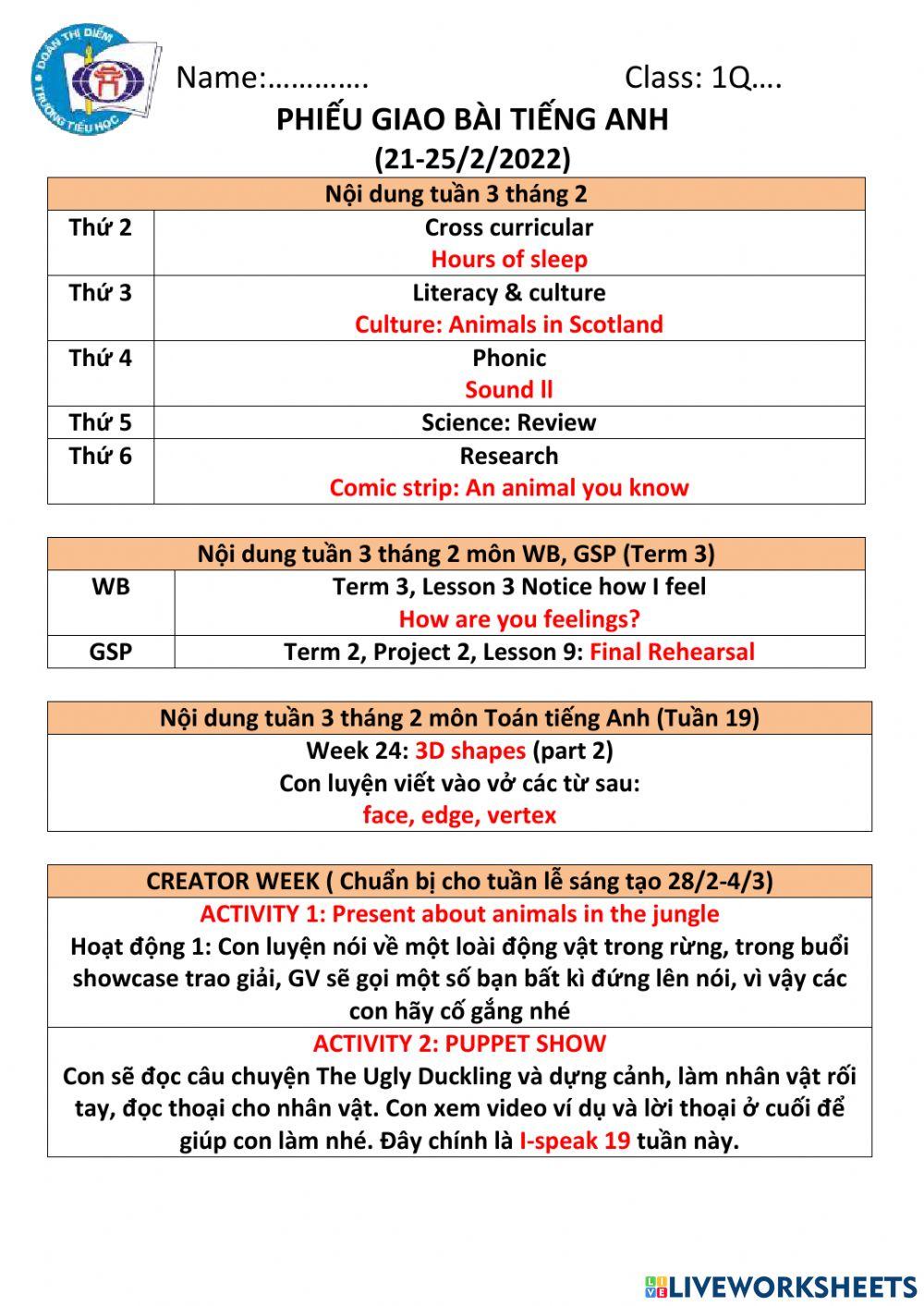 Phiếu giao bài TA tuần từ 21-25-2