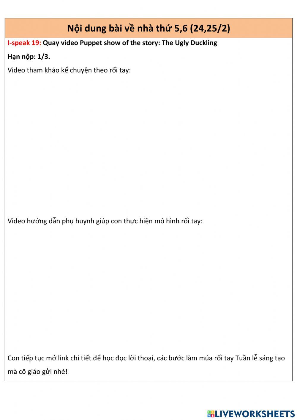 Phiếu giao bài TA tuần từ 21-25-2