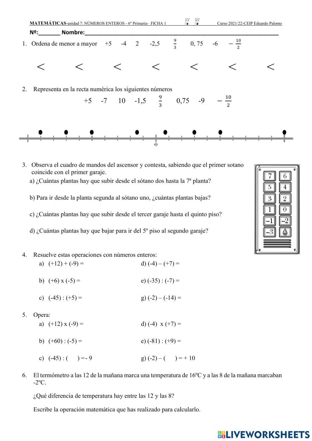 Números enteros- Ficha