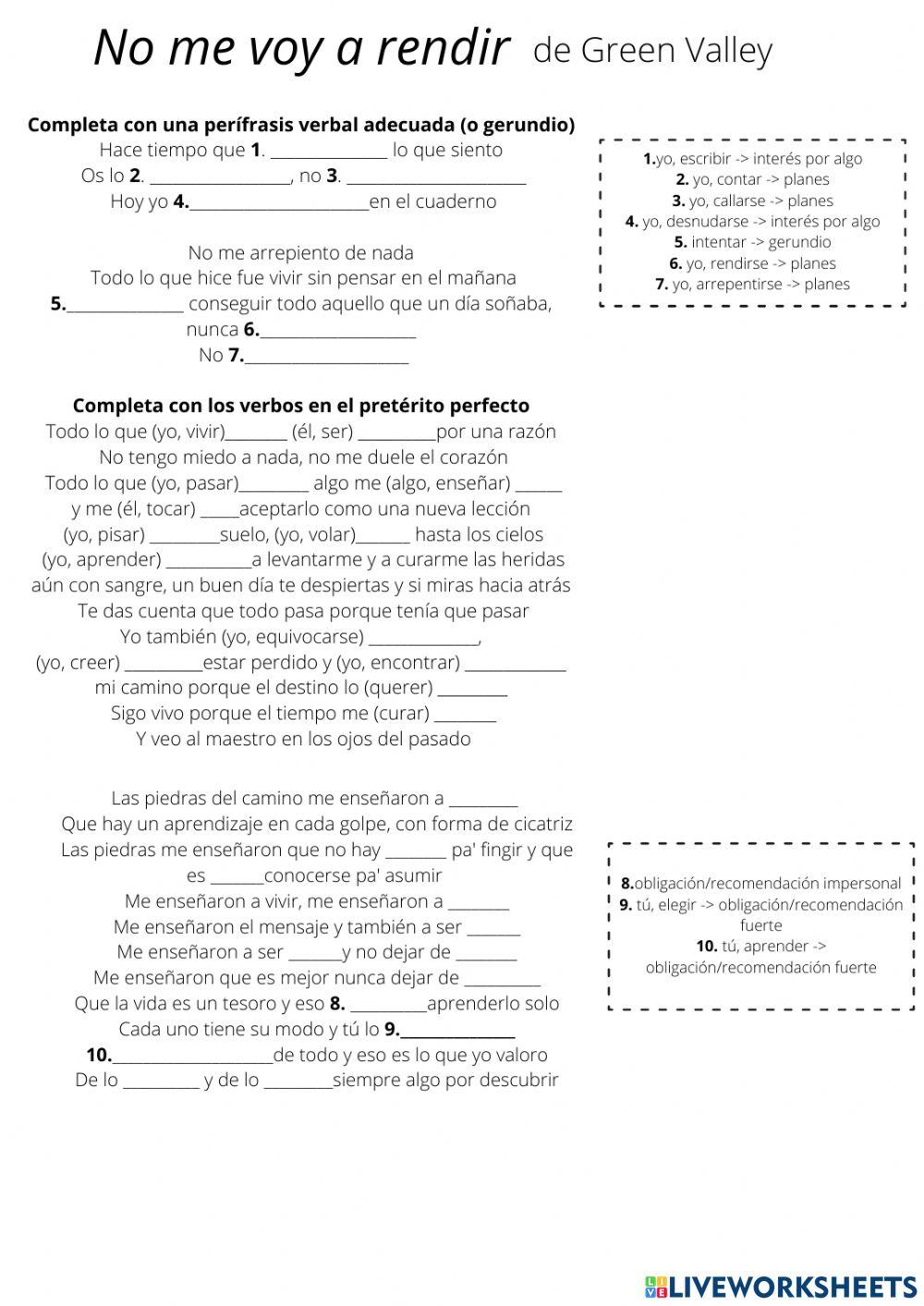 La canción No me voy a rendir, pretérito perfecto