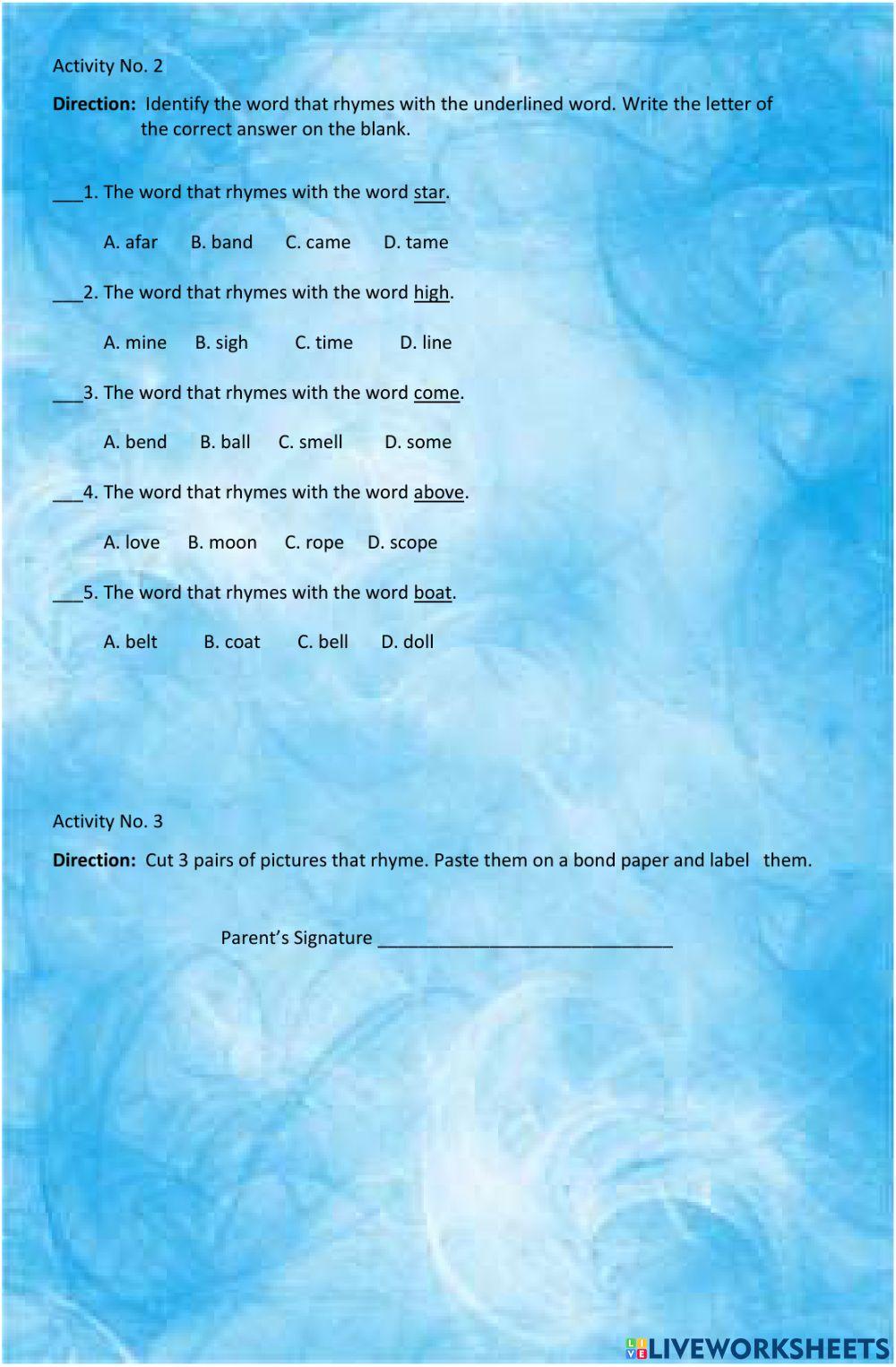 Recognizing Rhyming Words in Nursery Rhymes, Poems, and Songs Heard