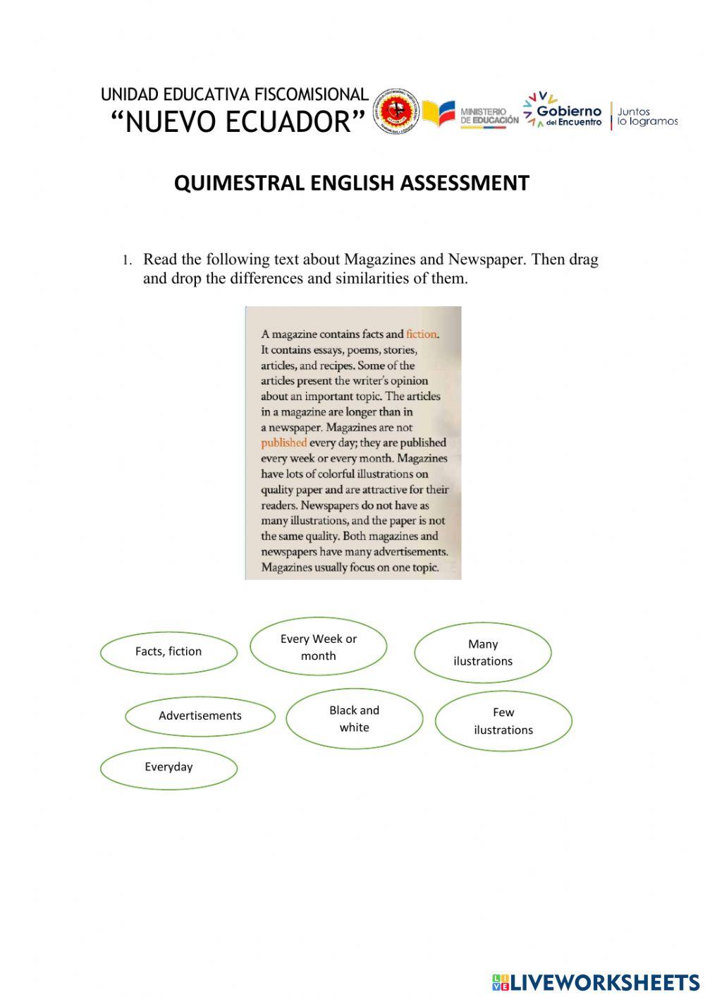 Quimestral english assessment