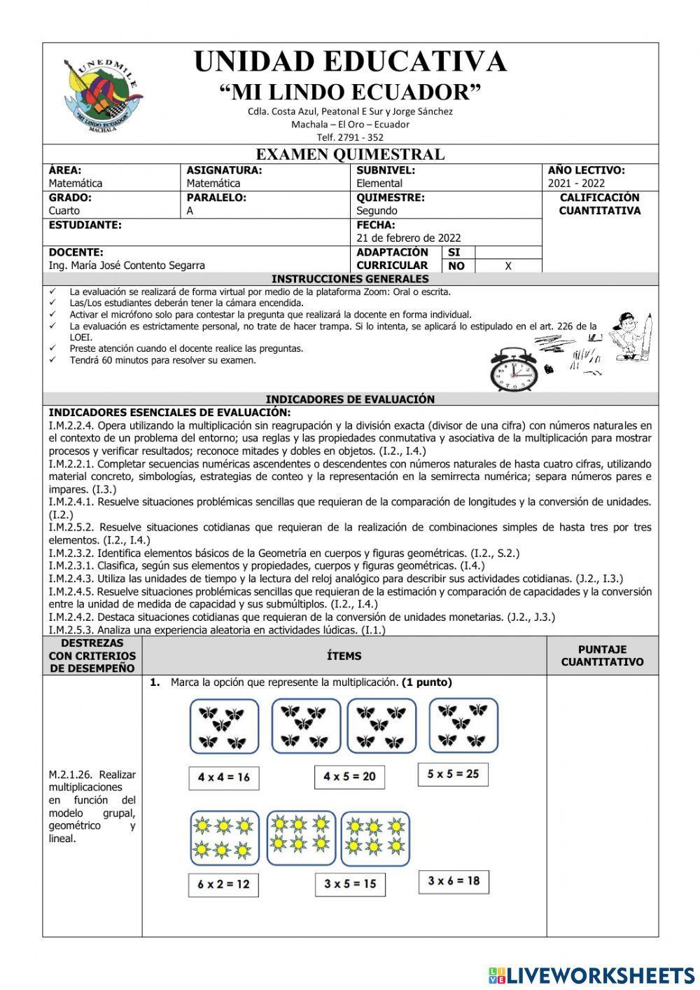 Exámen Quimestral Matemática Cuarto
