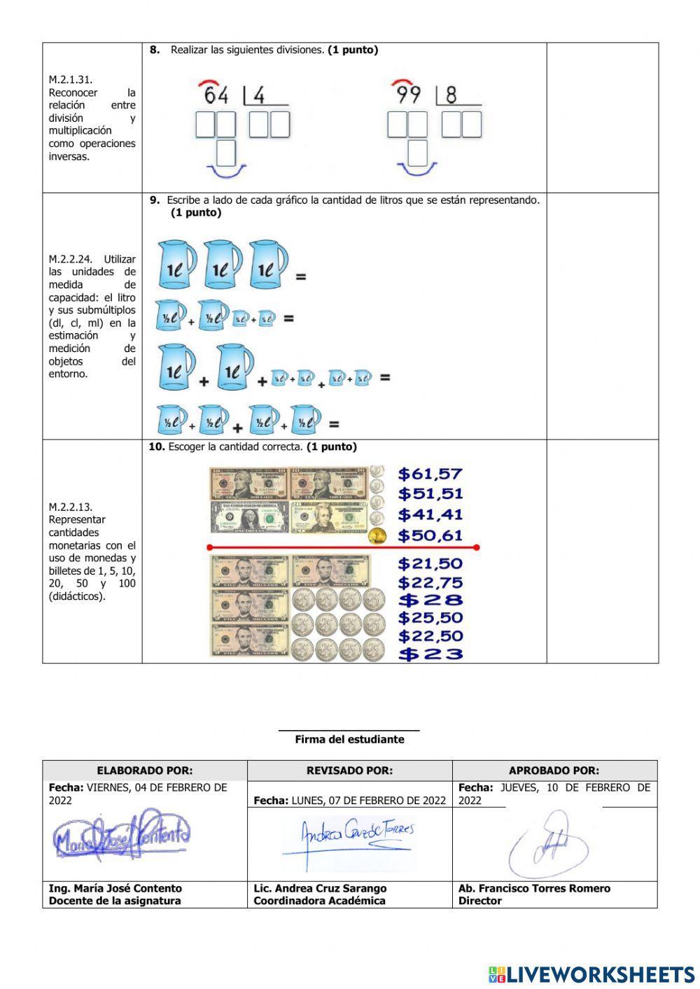 Exámen Quimestral Matemática Cuarto