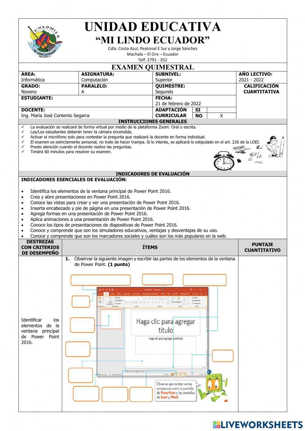 Exámen Quimestral Noveno Computación