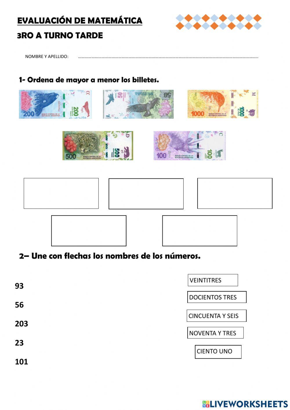 Matemática EVALUACION CON BILLETES