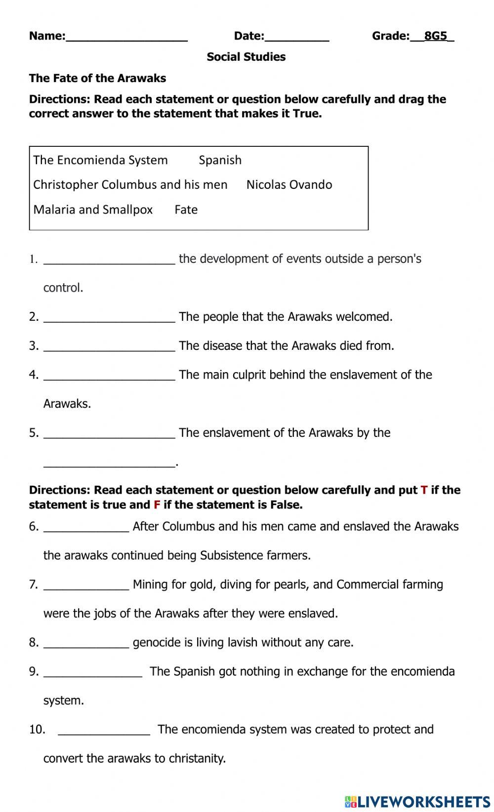 The fate of the arawaks online exercise for live worksheets