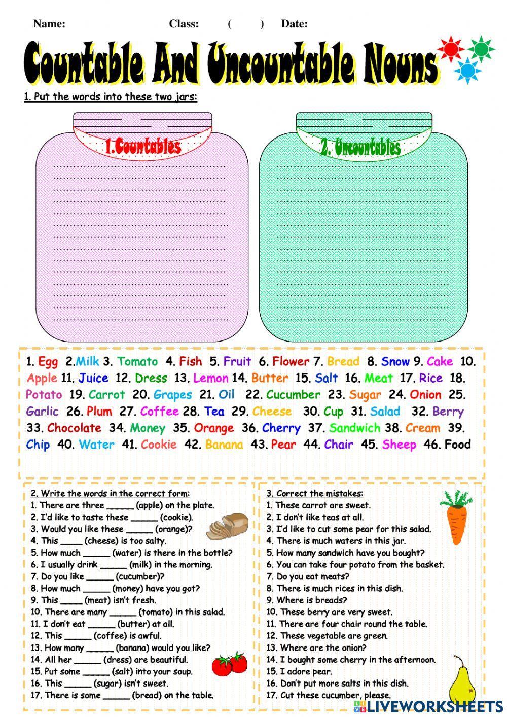 Countable and Uncountable nouns online exercise for S1 / grade 7 Live