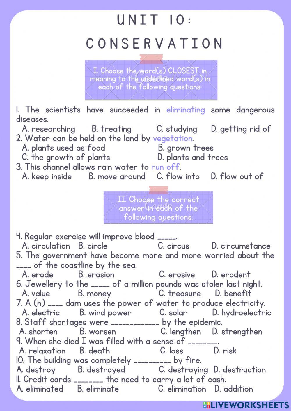 UNIT 10: CONSERVATION - vocabulary check