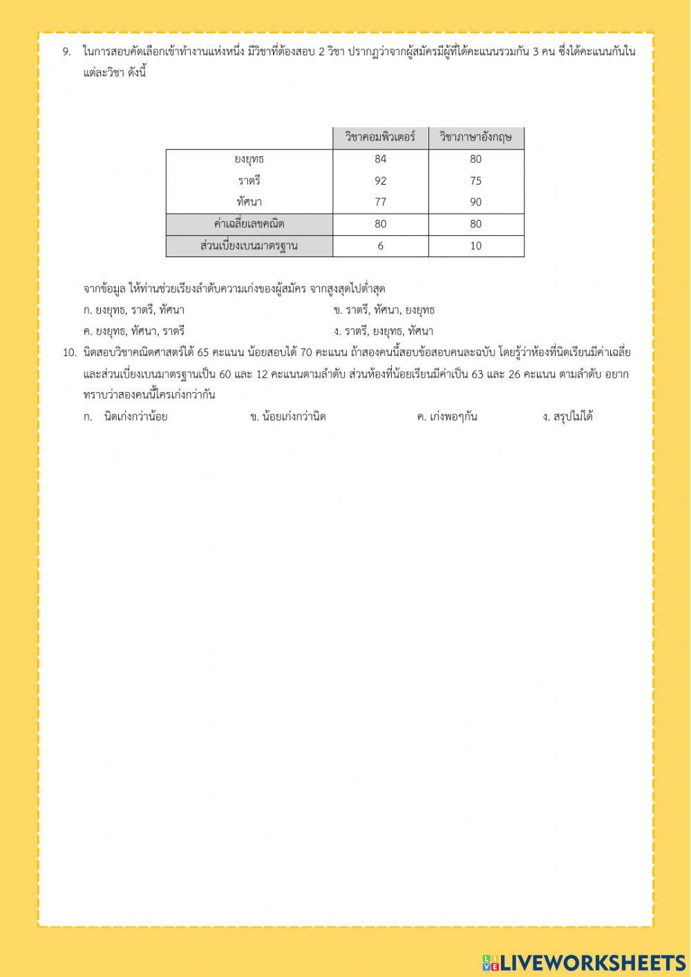 แบบประเมินหลังเรียน เรื่อง ค่ามาตรฐาน