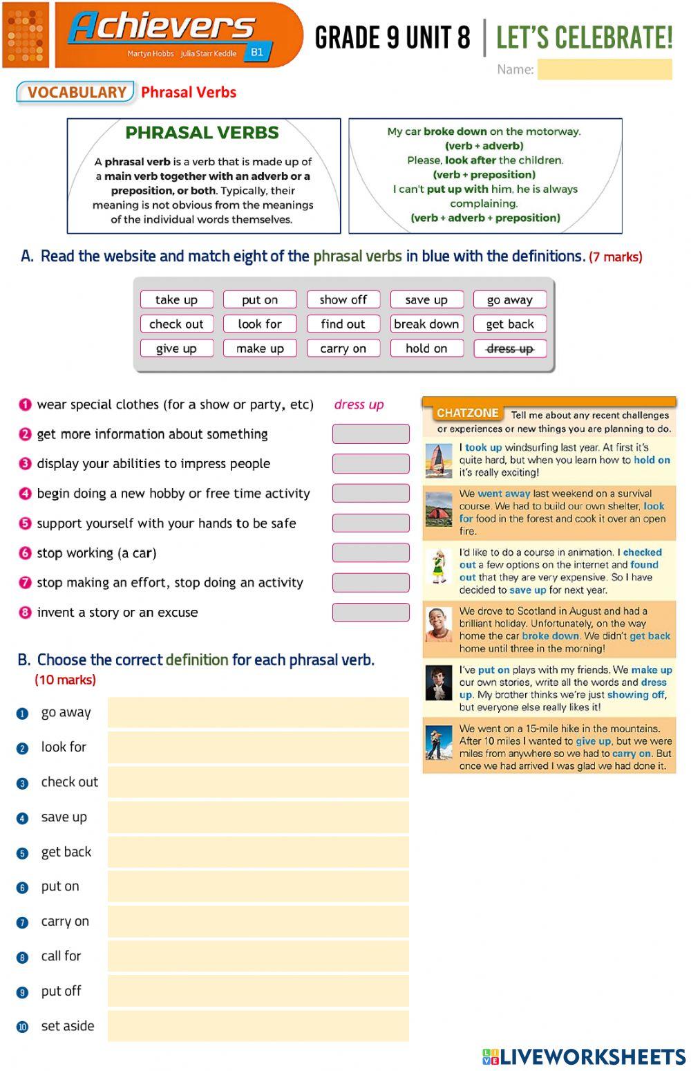 Grade 9 English UNIT 8 Phrasal Verbs (Vocabulary) worksheet Live