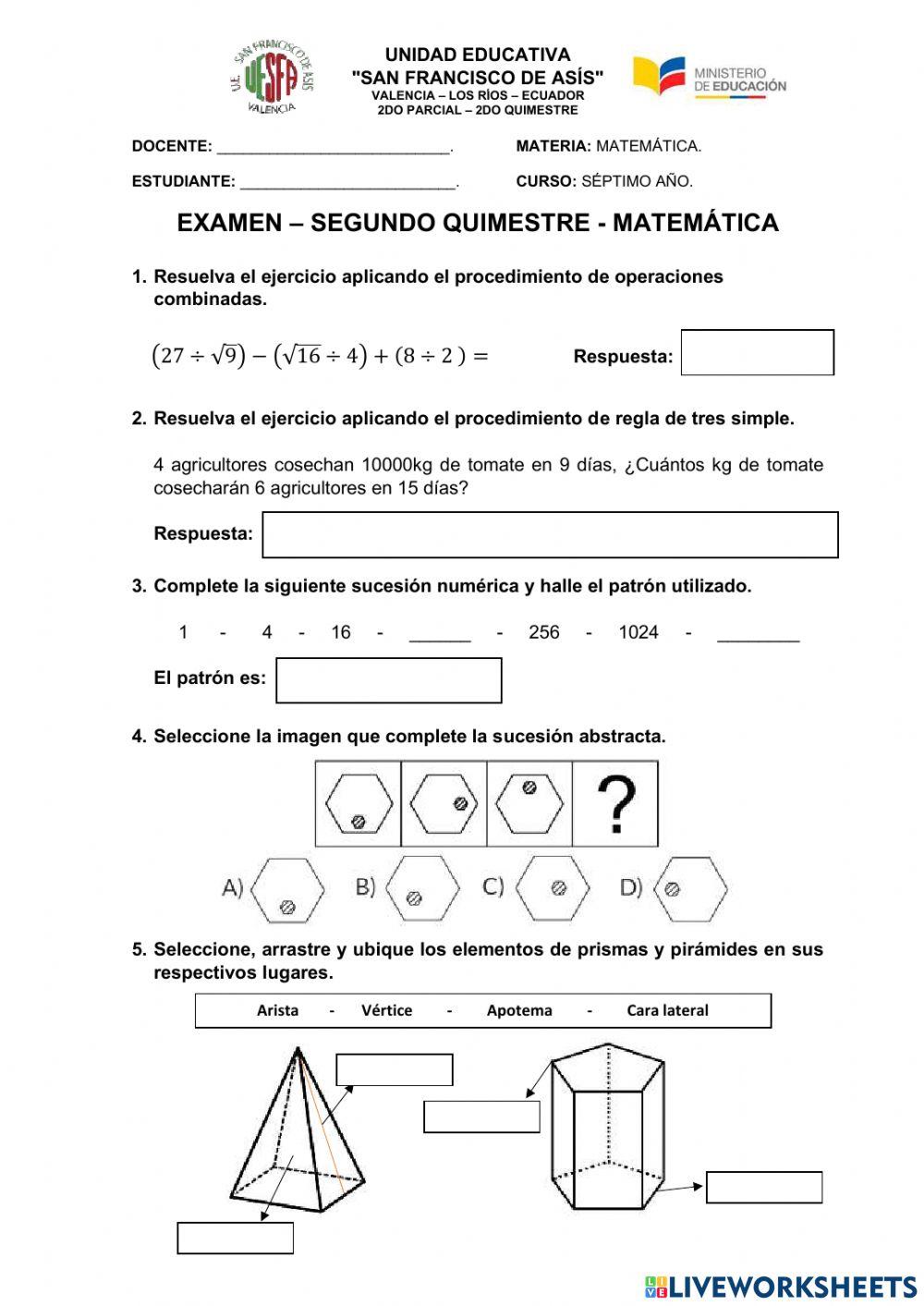 Examen - Segundo Quimestre - Matemática
