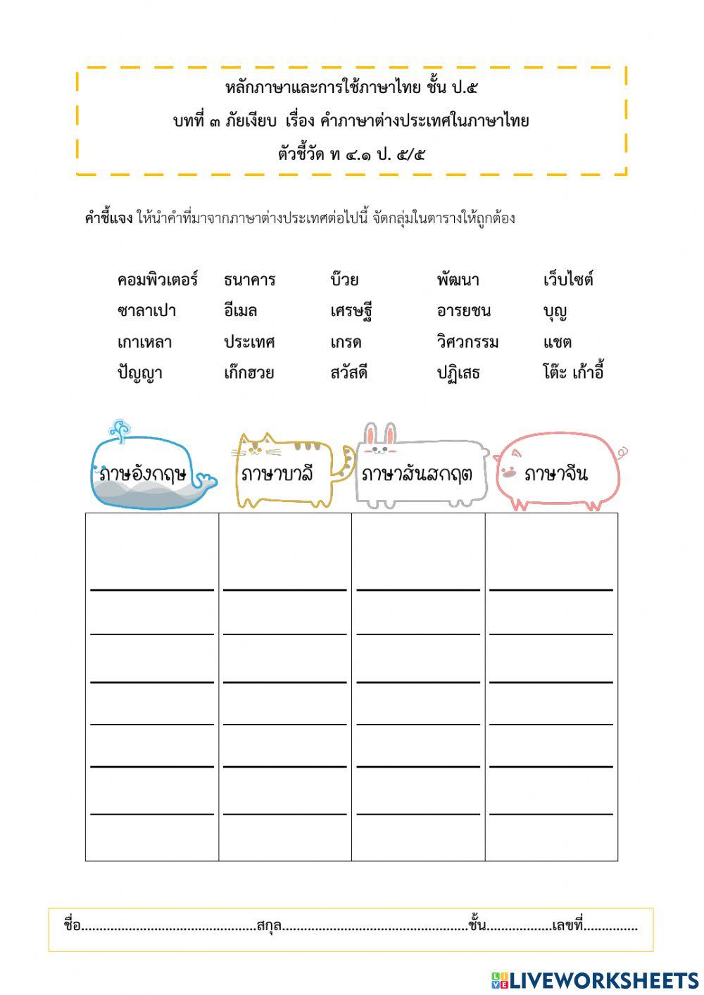 บทที่ ๓ ภัยเงียบ  เรื่อง คำภาษาต่างประเทศในภาษาไทย