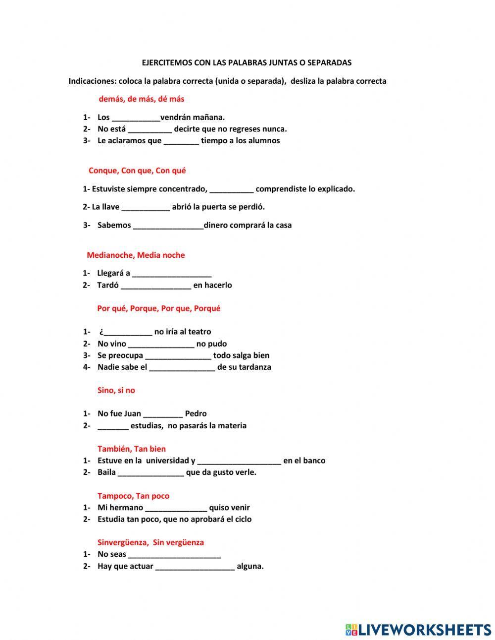 Palabras juntas y separadas