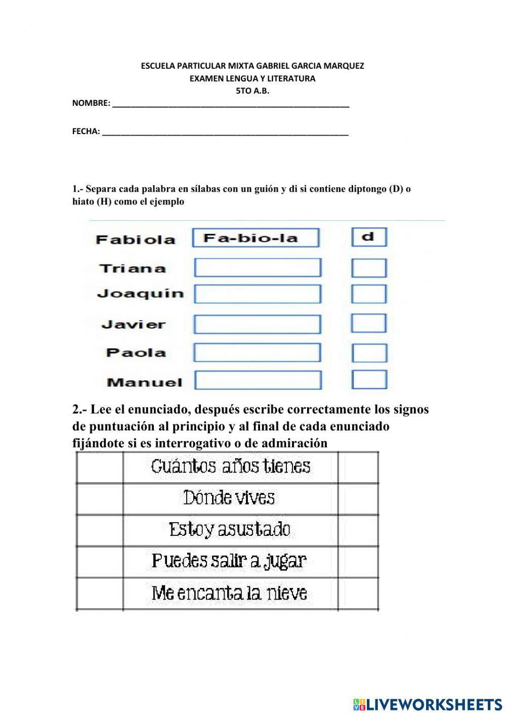 EXAMEN 2DO QUIMESTRE LENGUA Y LITERATURA 5TO