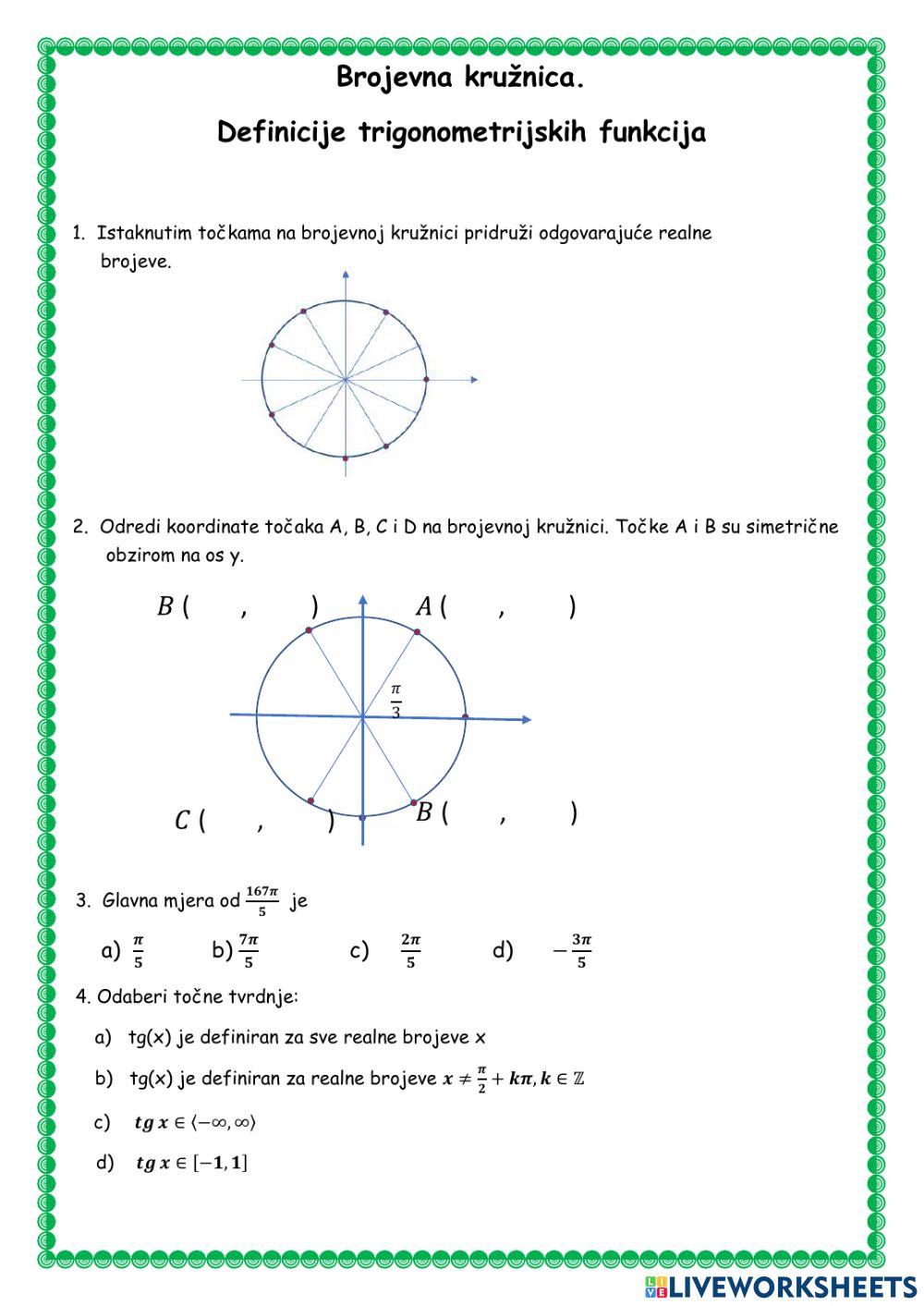Brojevna kružnica.Definicije trigonometrijskih funkcija