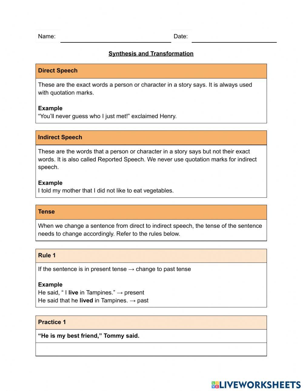 Direct to Indirect Speech | cquekie | Live Worksheets