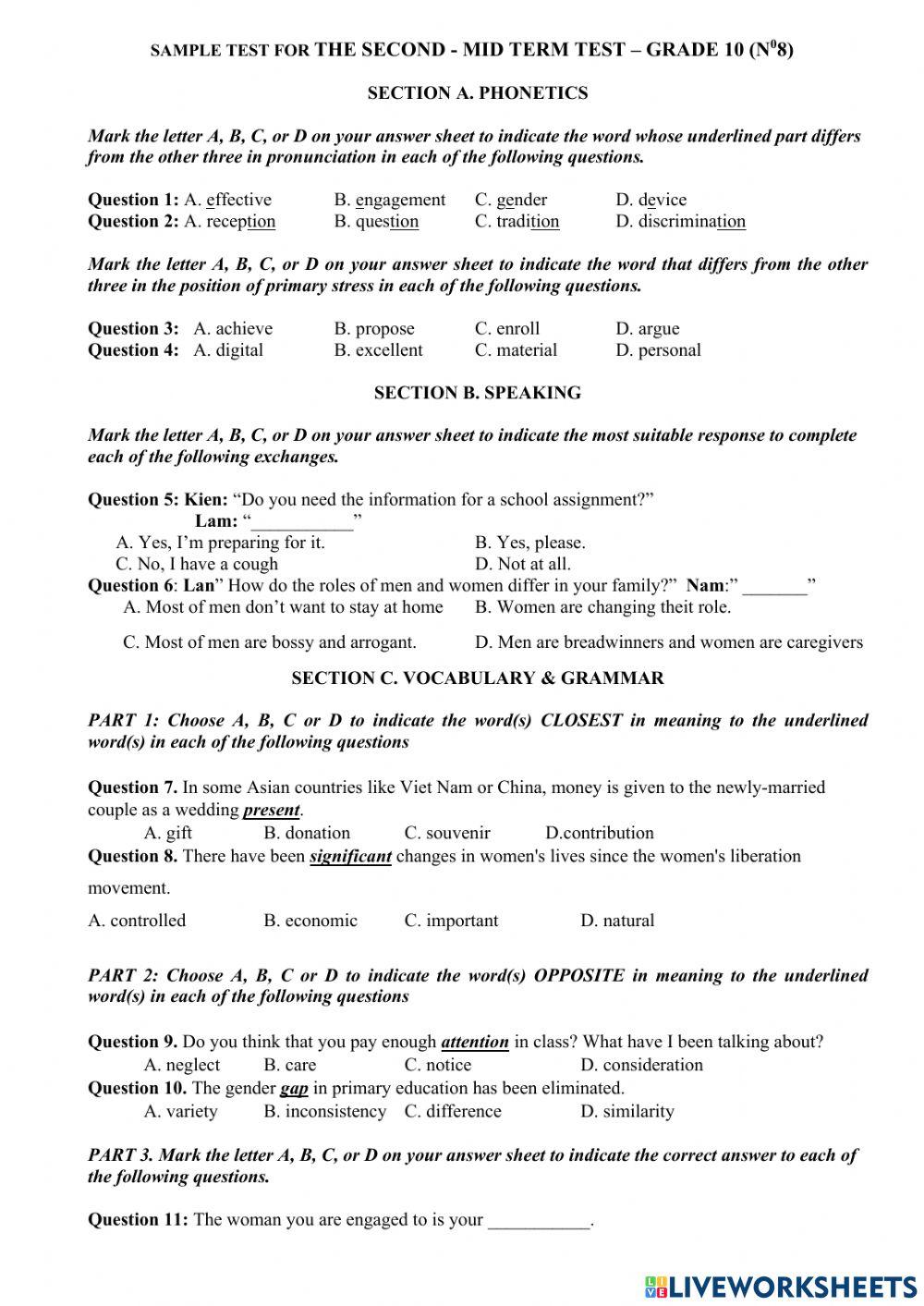 Sample test for the second - mid term test – grade 10 (n08)