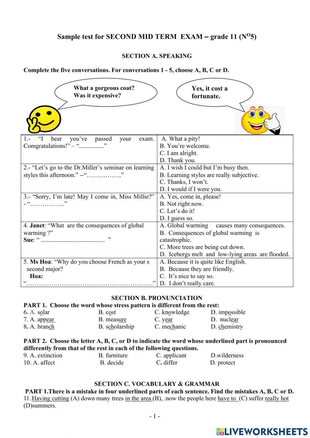 Sample test for SECOND MID TERM  EXAM – grade 11  (NO5)