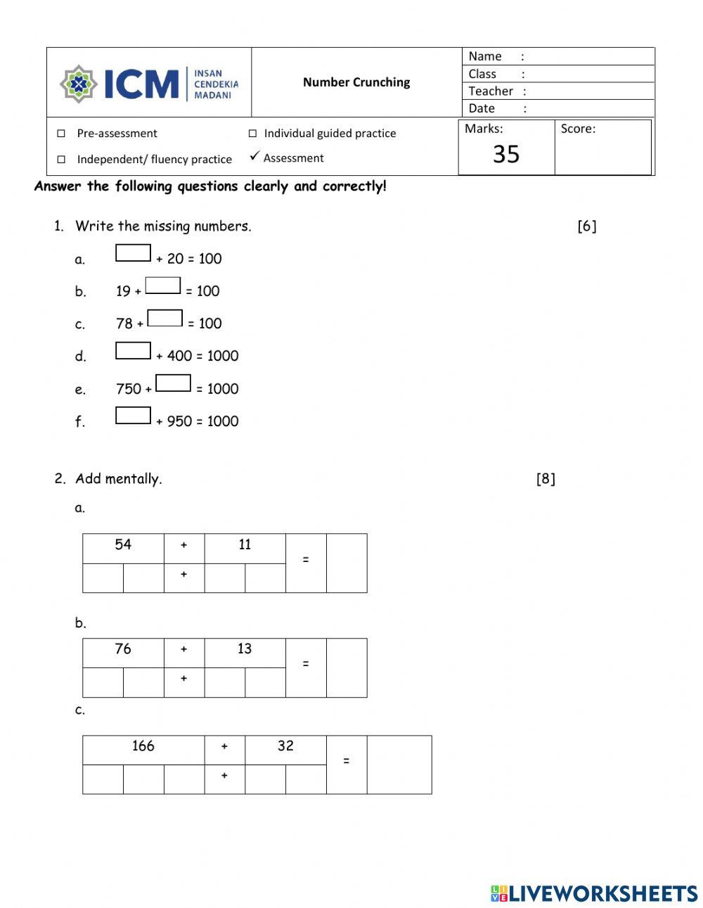 Unit 8: Assessment Number Cruching