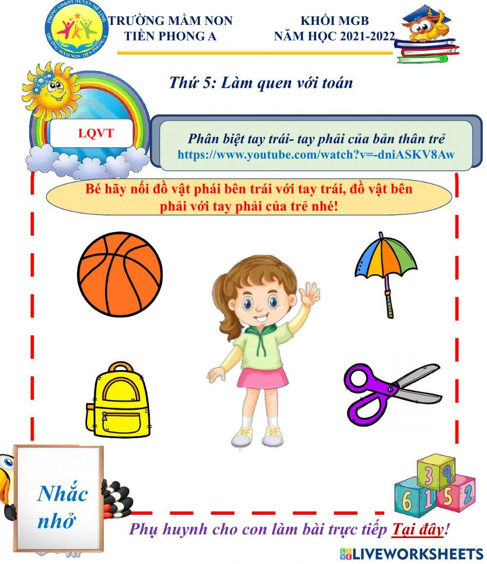 Bé hãy nối đồ vật phía trái với tay trai, phía phải với tay phải của bạn nhỏ nhé