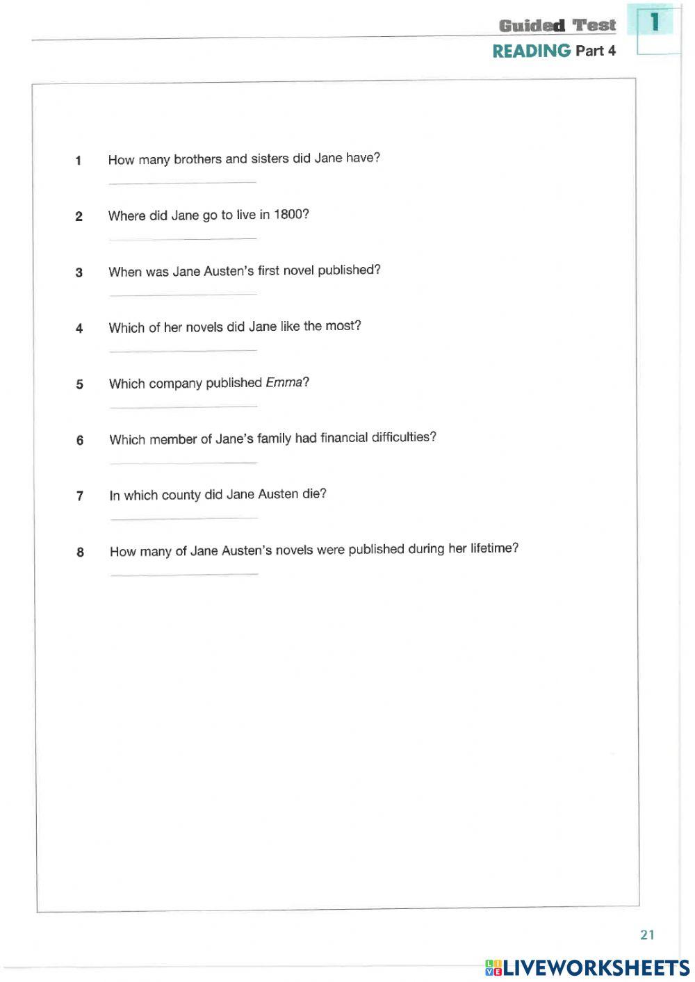 Test 1 b1 reading part 4 online exercise for live worksheets