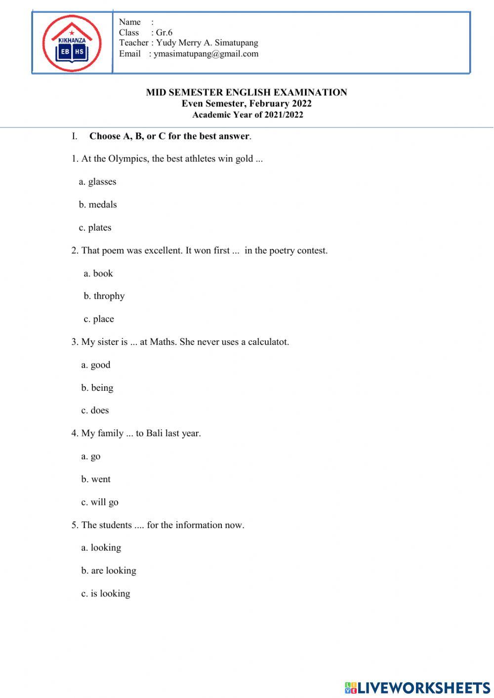 Gr.6's UTS ENGLISH Even Semester