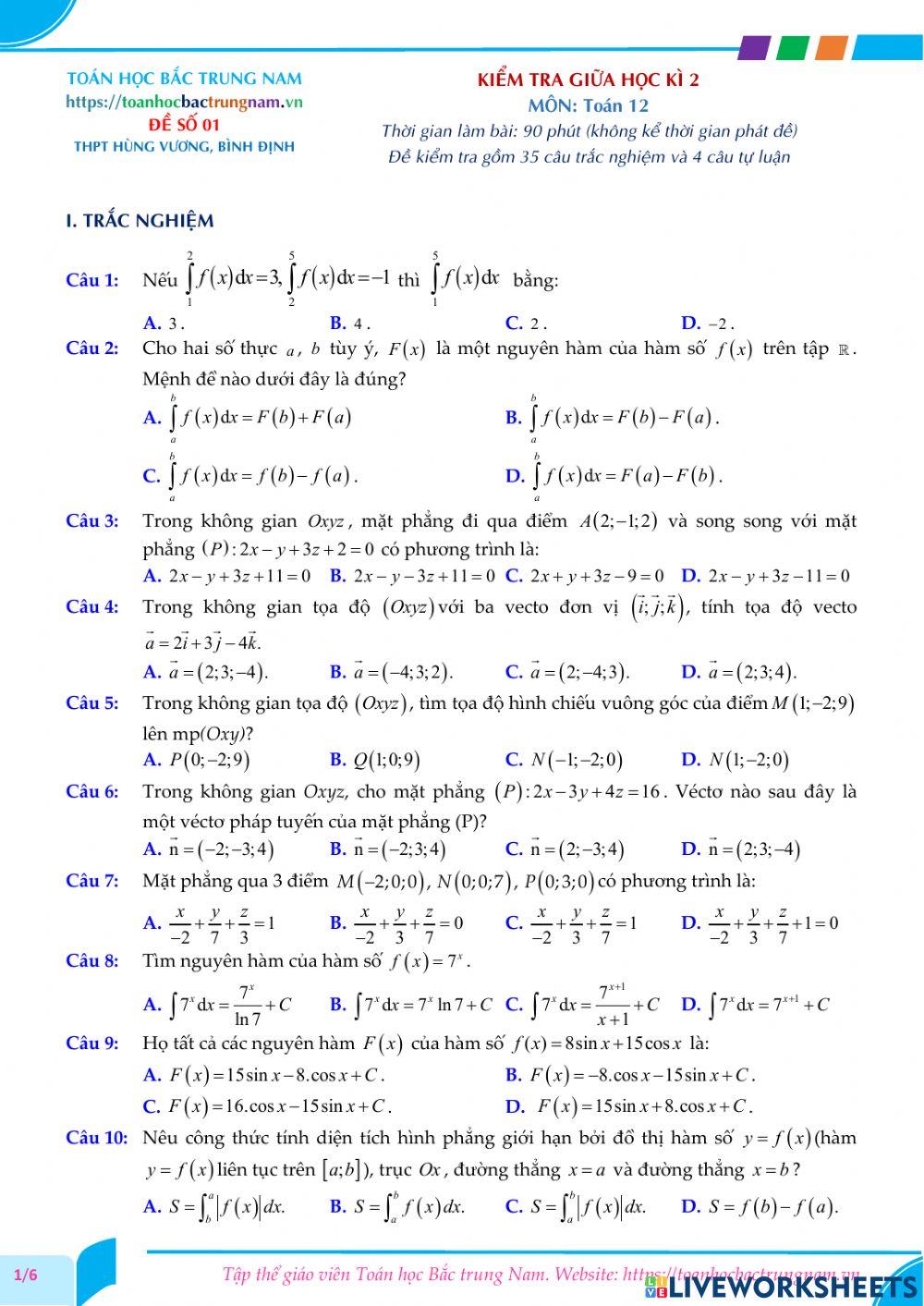 Toán 12-Kiểm tra GK2-THPT Hùng Vương, Bình Định-2021