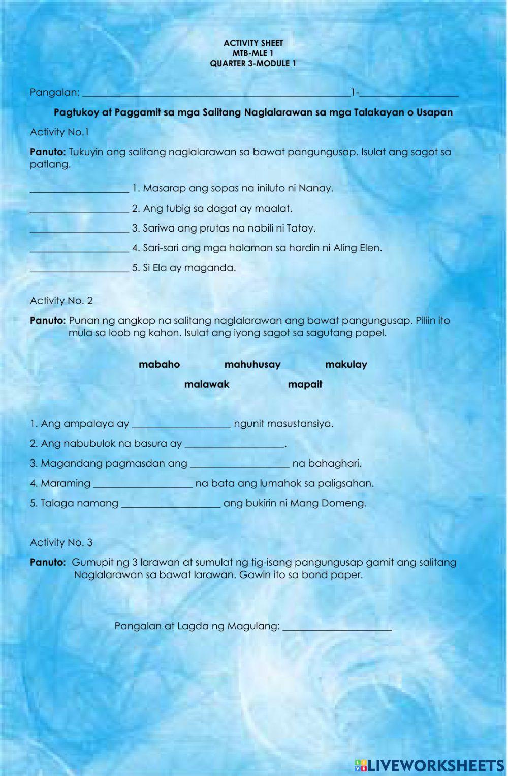 Pagtukoy at Paggamit sa mga Salitang Naglalarawan sa mga Talakayan o Usapan