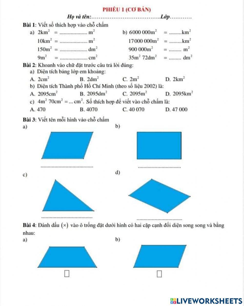 Phiếu bài tập toán 4 tuần 19