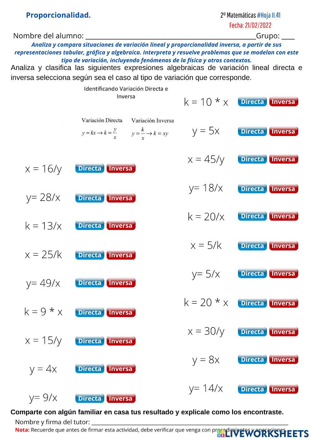 Compara expresiones algebraicas de proporcionalidad inversa y variación lineal