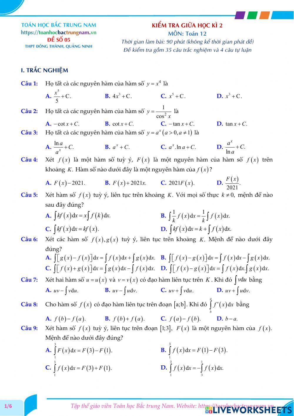 Toán 12-Kiểm tra GK2-THPT Đông Thành, Quảng Ninh-2021