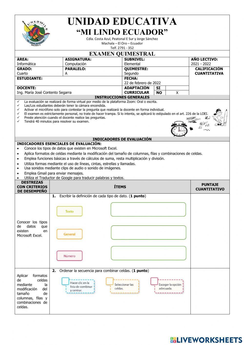 Exámen Quimestral de Computación Cuarto