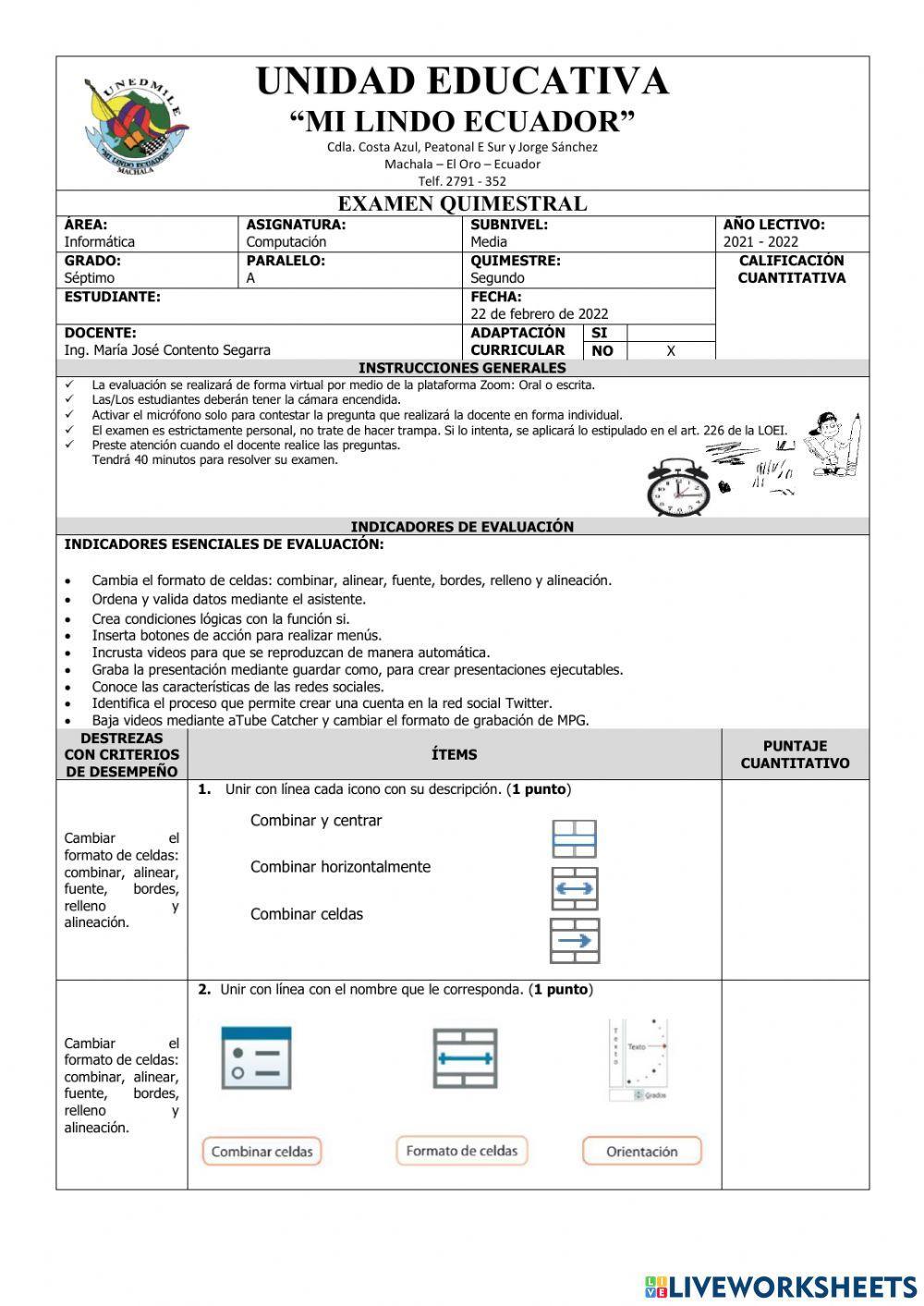 Exámen Quimestral Computación Séptimo