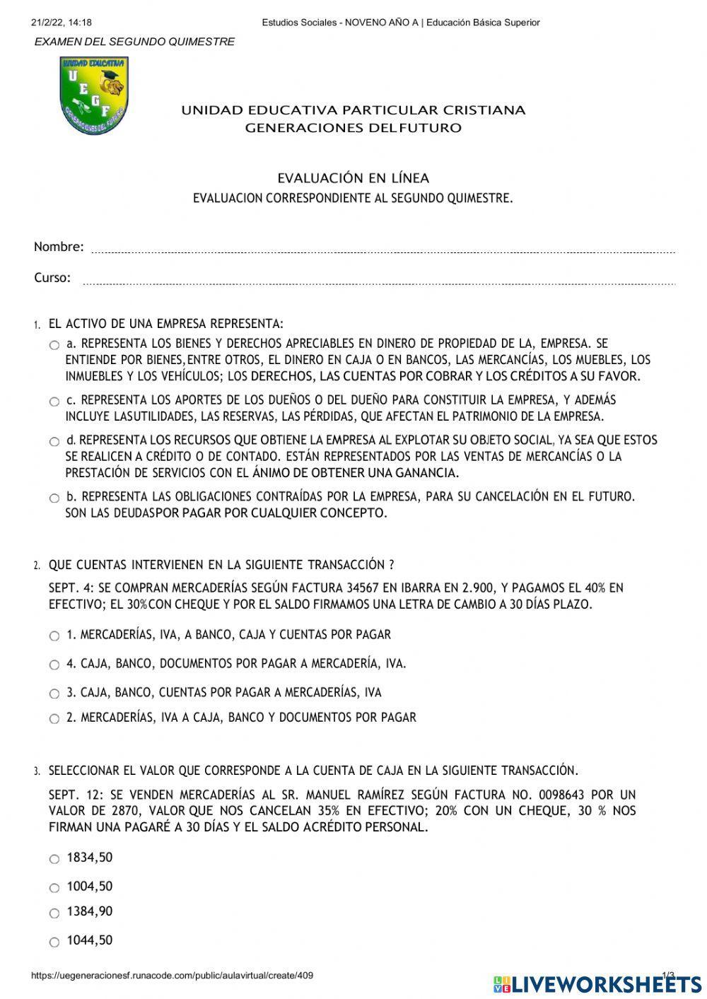 Evalucion de contabilidad segundo quimestre