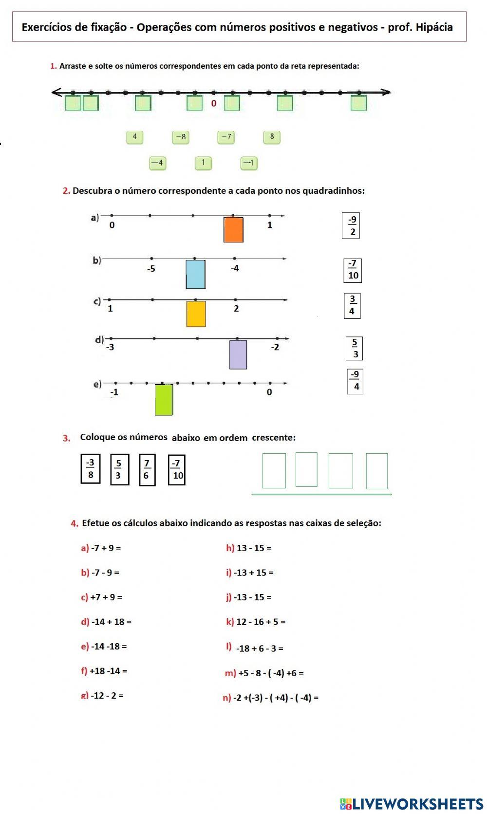 Números positivos e negativos, posição na reta e operações