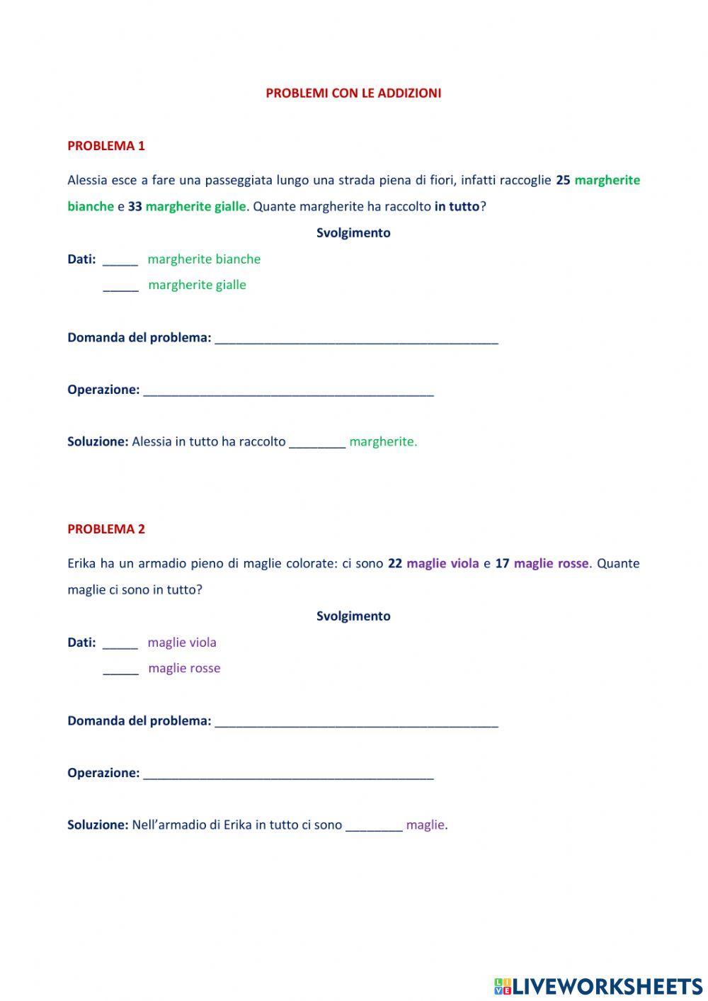 Quattro problemi con le addizioni di cui uno con l'Euro.