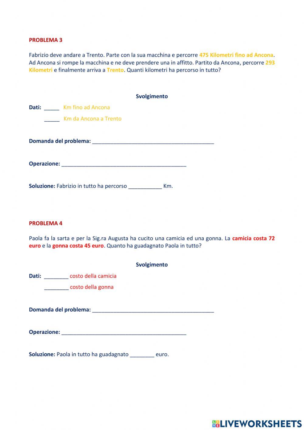 Quattro problemi con le addizioni di cui uno con l'Euro.