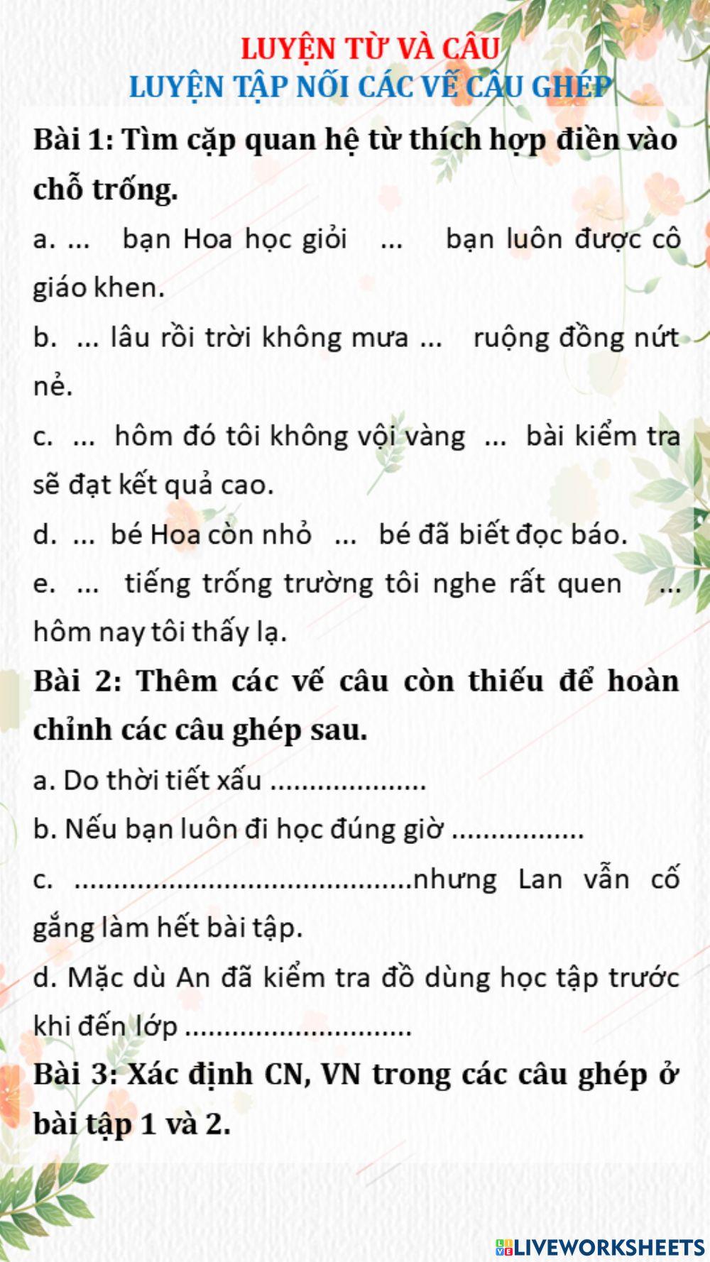 LTVC: Nối các vế câu ghép bằng quan hệ từ
