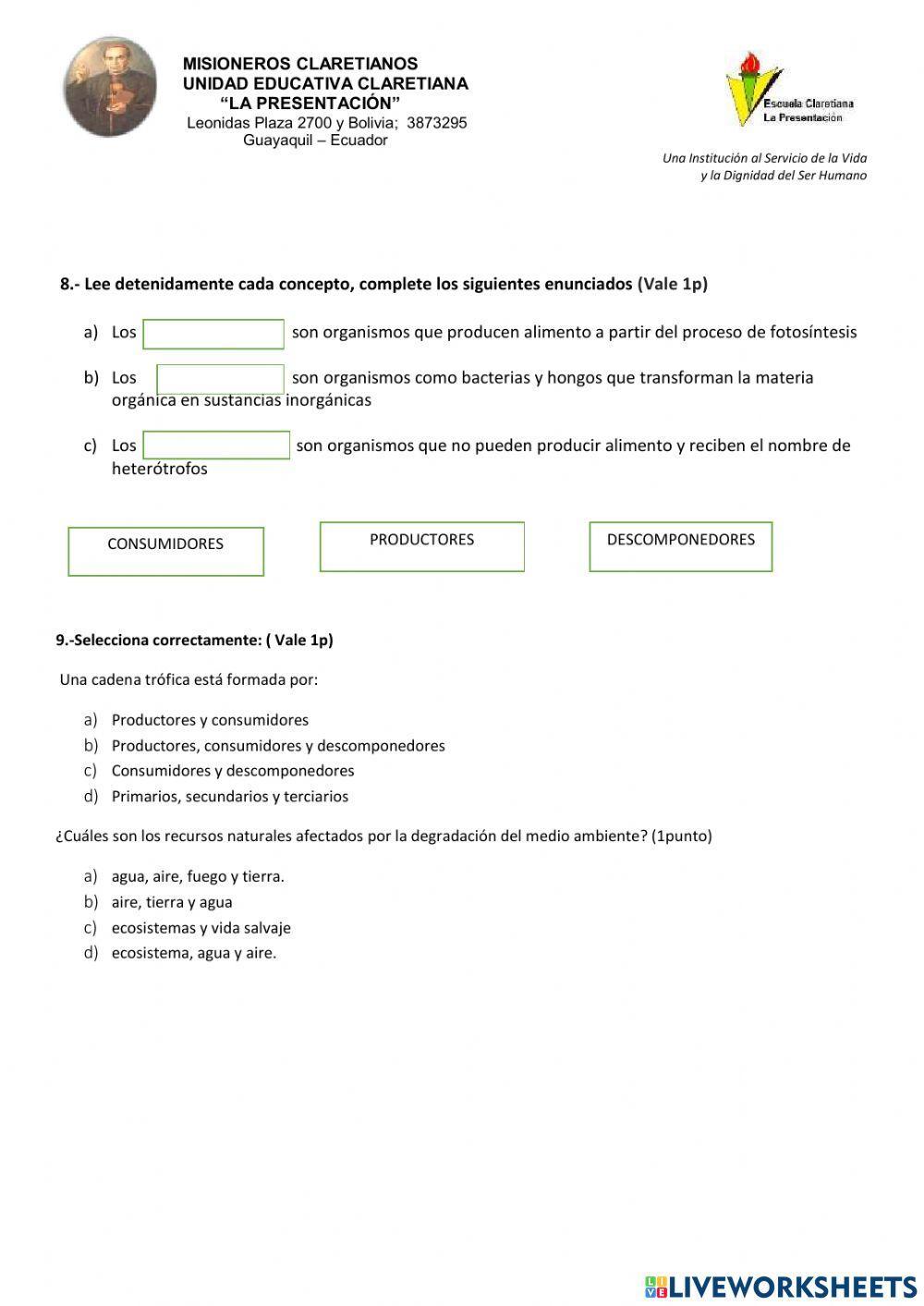 Examen ciencias naturales 8vo