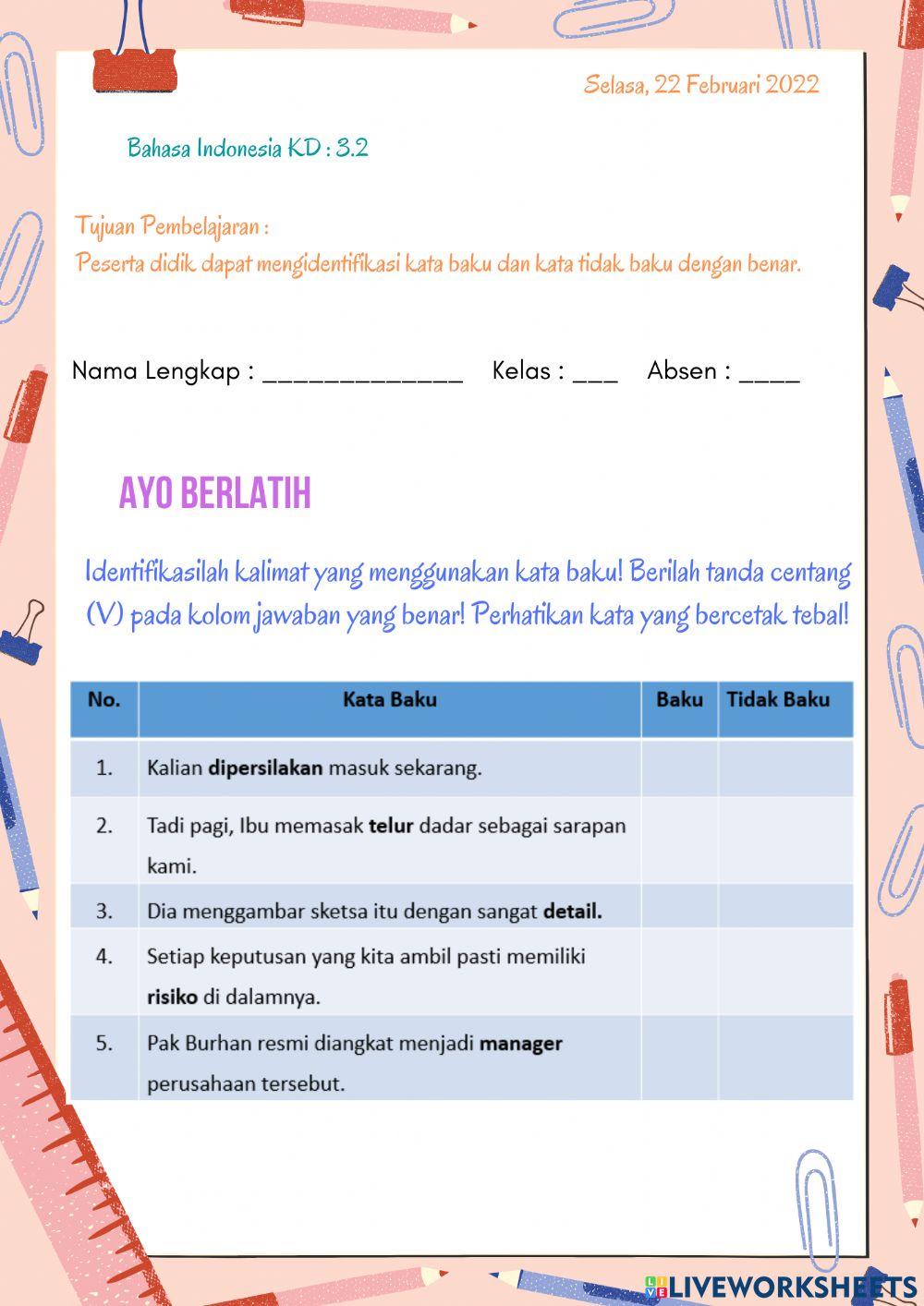 Latihan Kata Baku dan Kata Tidak Baku