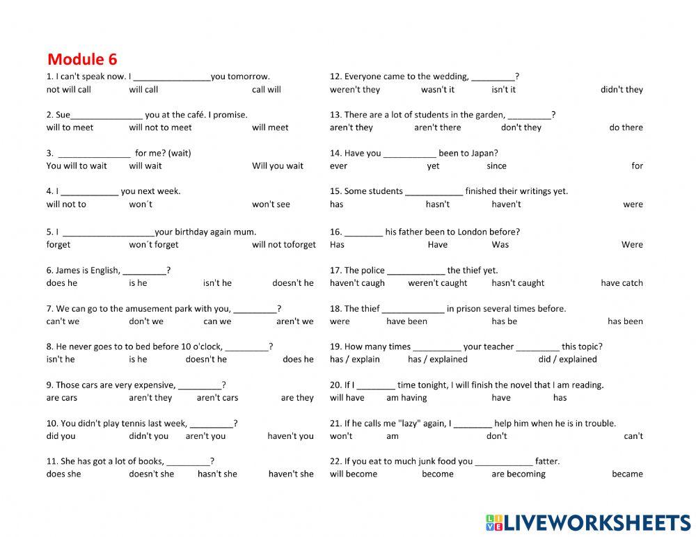 Quiz module 6 online exercise for live worksheets