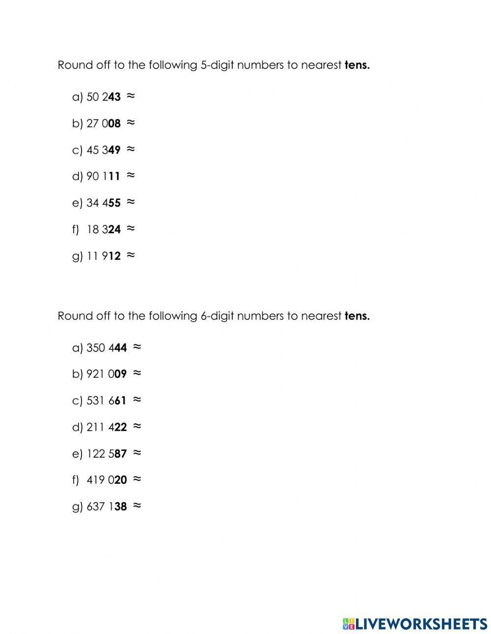 Rounding off numbers to nerest tens (up to 6 digit) Year 5