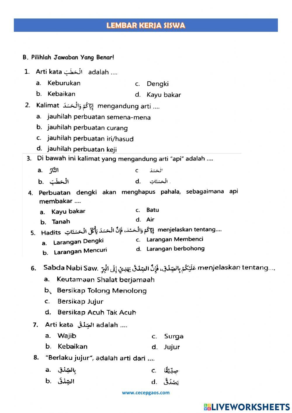 LKPD Interaktif Hadits tentang Larangan Sombong, Larangan Iri-Hasud, dan Bersikap Jujur