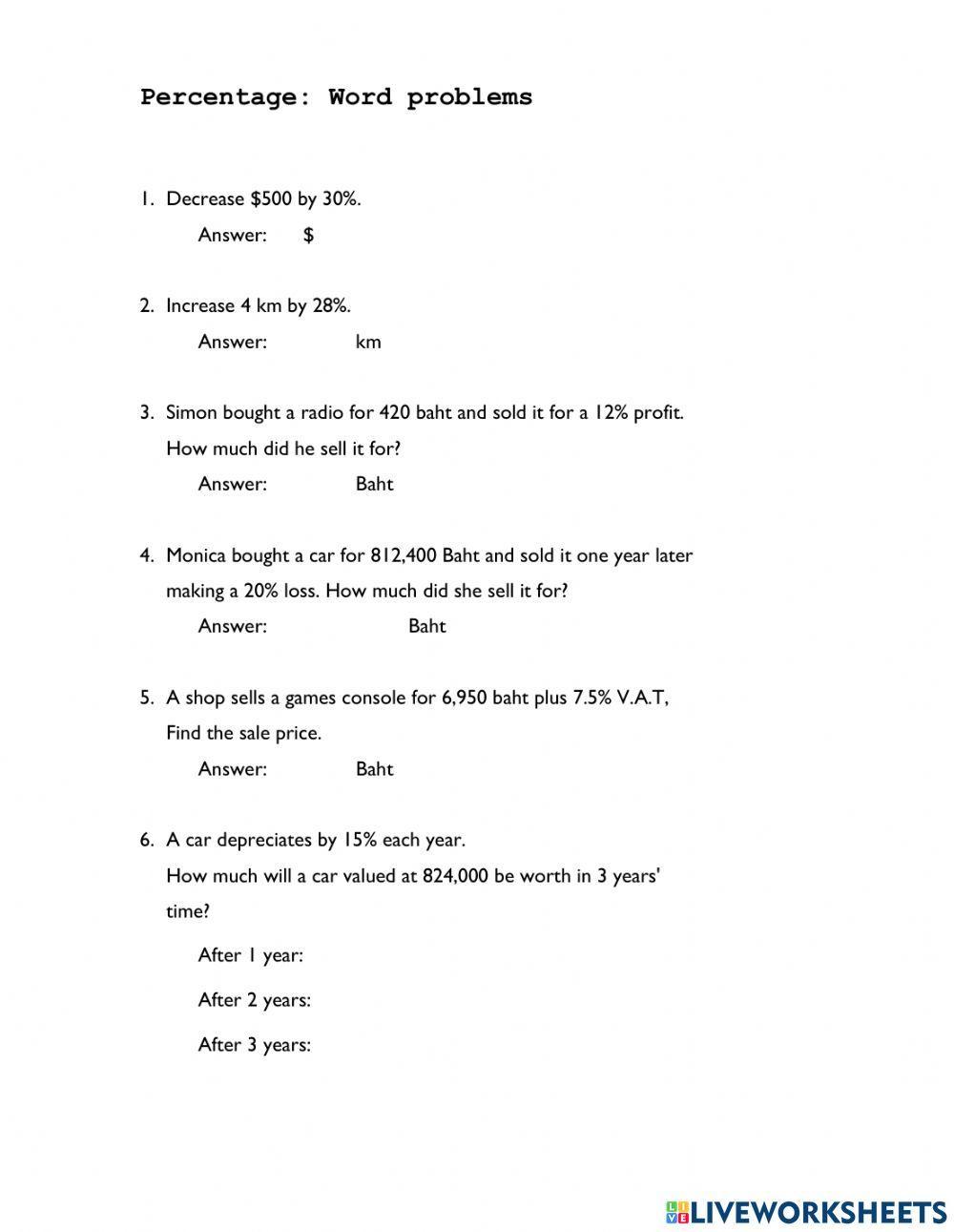 Percentage word problems 02 Percentage word problems 02
