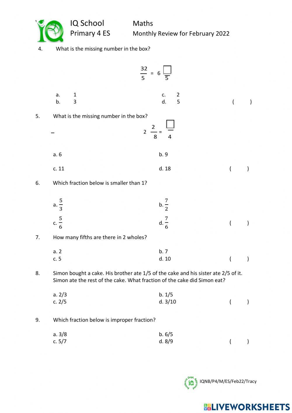 Maths test- February 2022