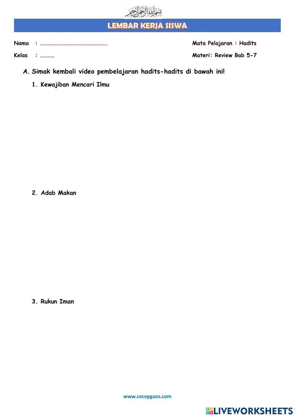 LKPD Interaktif Hadits Tentang Kewajiban Mencari Ilmu, Adab Makan dan Rukun Iman