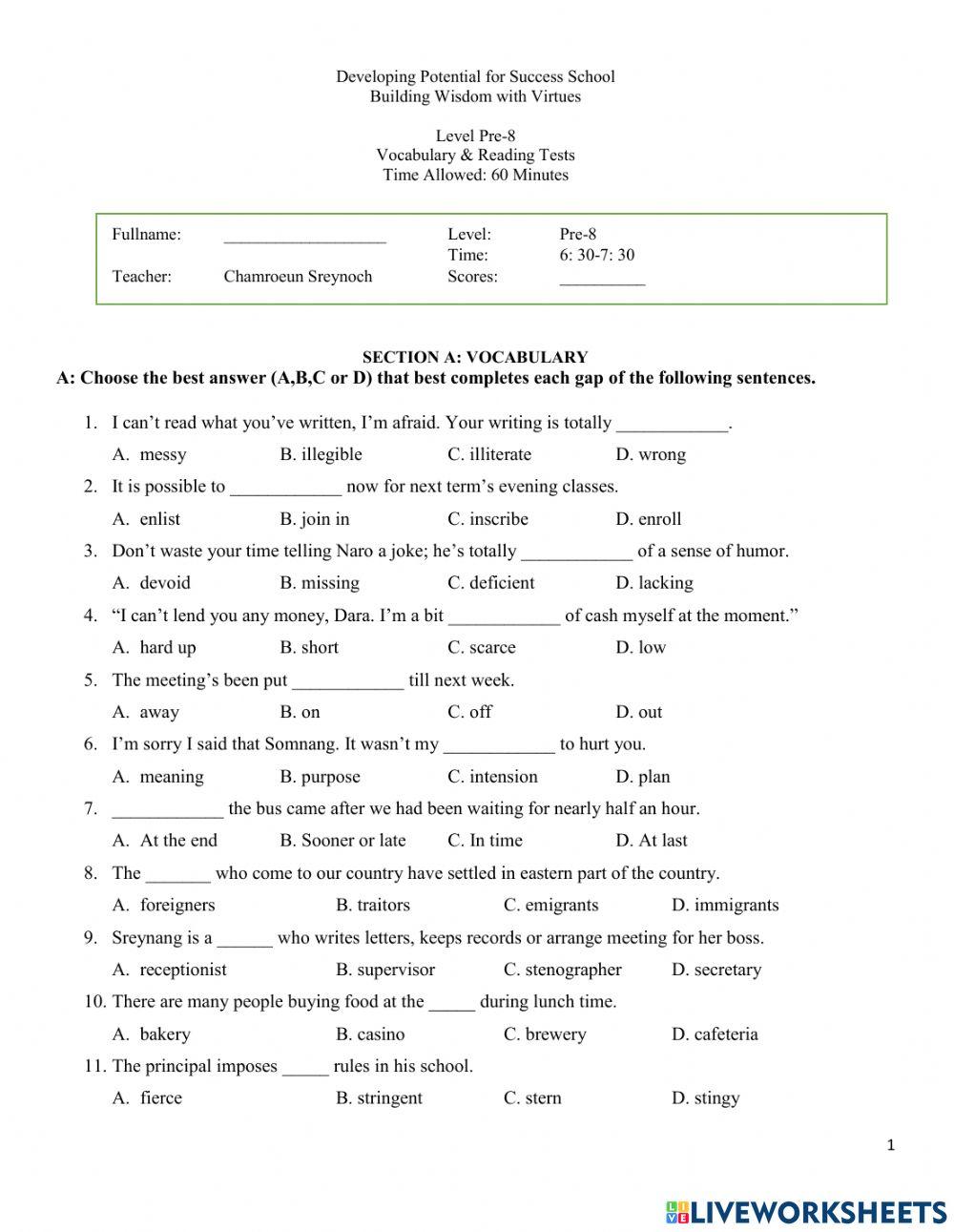 Level Pre-8 Vocabulary Test