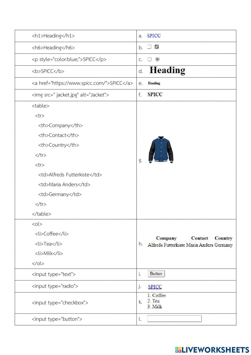 HTML Tag worksheet | Live Worksheets